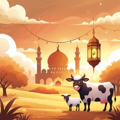 Idul Adha Vector Illustration with Mosque, Lantern, Cow, and Sheep in Warm Sunset Colors