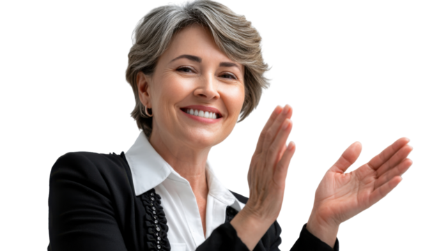 Applause for Achievement: A smiling middle-aged woman, her hands brought together in a gesture of applause, beaming with appreciation in a professional setting.