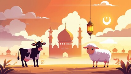 Idul Adha Vector Illustration with Mosque, Lantern, Cow, and Sheep in Warm Sunset Colors
