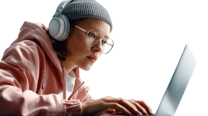 Focused Musician's Concentration: A young musician, engrossed in her creative process, wears headphones and glasses while skillfully working on her laptop, showcasing the power of focus.
