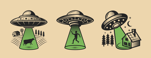 Alien abductions illustrations flying saucers capturing a cow, human, and house in vintage sci-fi style. Perfect for prints, stickers, t-shirts designs. Vector illustration. © Denys Holovatiuk