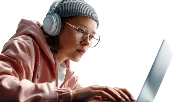 Focused Musician's Concentration: A young musician, engrossed in her creative process, wears headphones and glasses while skillfully working on her laptop, showcasing the power of focus.