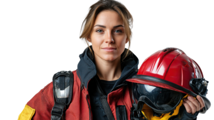 Courageous Responder: A portrait of a female firefighter, embodying strength, dedication, and readiness, her gaze reflecting a spirit of service and commitment.