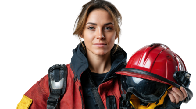 Courageous Responder: A portrait of a female firefighter, embodying strength, dedication, and readiness, her gaze reflecting a spirit of service and commitment. - Powered by Adobe