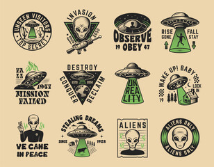 12 UFO logo set with spaceships, aliens, and sci-fi themes. Perfect for t-shirt designs, stickers, patches, posters, and branding. Vector illustration. © Denys Holovatiuk