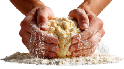 Kneading Fresh Dough: Close-up shot of hands expertly kneading dough covered in flour.  A burst of energy is captured as the dough takes shape for a delightful culinary creation.