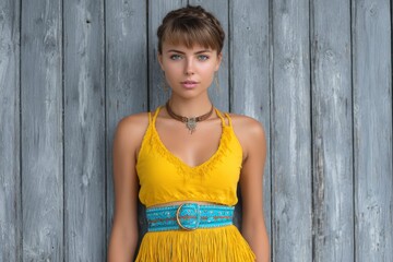 Fototapeta premium Bohemian Beauty: Woman in Yellow Dress with Turquoise Belt