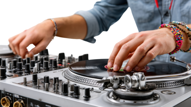 DJ Mixing Music: Close-up shot of a DJ's hands expertly mixing music on a turntable, showcasing the skill and passion involved in creating a dynamic soundscape.