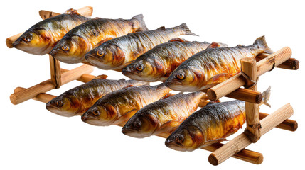 Smoked Fish Display: An appetizing arrangement of smoked fish presented on a rustic wooden rack, offering a glimpse of culinary artistry, appetizing appeal and a culinary delight.
