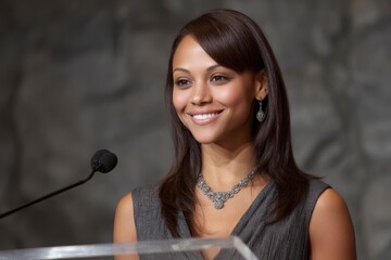 Elegant Woman at Podium: Serene Portrait in Gray