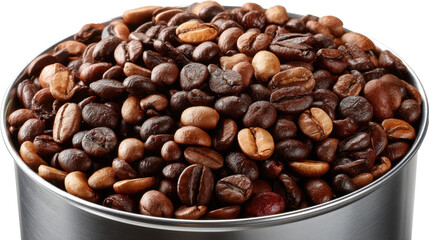 Fototapeta premium Aromatic Coffee Beans: A close-up shot of freshly roasted coffee beans, in a metal container, offering a sensory feast of aromas and colors.