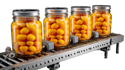Food Production Line: Jars of bright yellow, round food items move along a conveyor belt in a clean, efficient food production line. The image suggests mass production and high-quality control. 