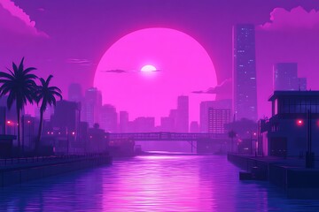 Obraz premium Purple Cityscape with Water and Palm Trees