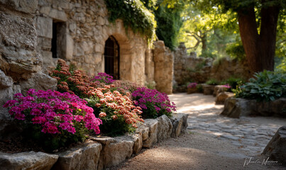 Obraz premium Stone structure with vibrant flowers and a pathway. Lush greenery and natural light create a tranquil scene