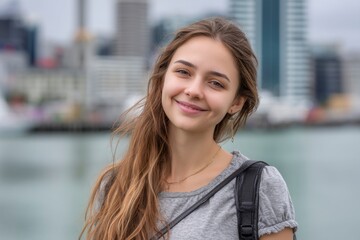 Fototapeta premium Smiling Young Woman with Long Brown Hair in Urban Setting