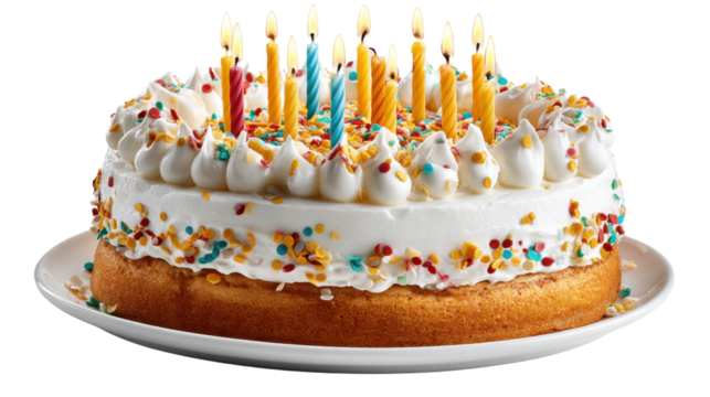 Celebration Cake: A delicious layered cake adorned with vibrant candles and colorful sprinkles, perfect for a festive occasion. The flickering flames add a touch of warmth and anticipation.