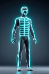 the image features a full body humanoid figure constructed from dark, vertical lines. a bright glow outlines the edges of the form and emphasizes key areas like the head, torso, and limbs