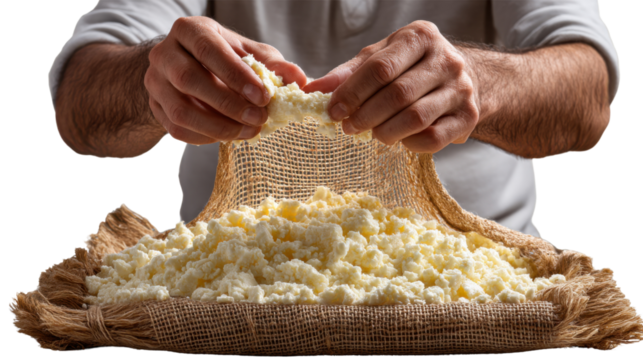 Handcrafted Cheese Making: A skilled artisan meticulously works with fresh cheese, capturing the essence of traditional culinary practices.