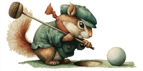 A whimsical squirrel golfer prepares to putt.
