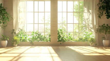 Fototapeta premium Spacious room with large windows, natural light, and greenery.