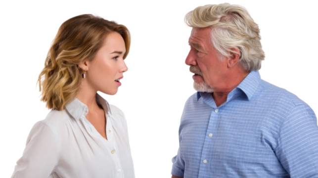 Dialogue Dynamics: A young woman and a mature man are engaged in a serious and expressive conversation, potentially a display of emotional intensity or a thoughtful exchange.