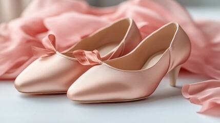 Elegant, light pink satin pumps with bows