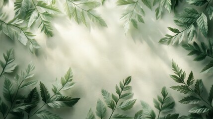 Delicate fern leaves arranged in a frame, illuminated by sunlight.