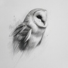 Detailed grayscale drawing of a resting barn owl.