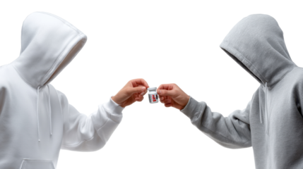 Secret Pact: Two individuals, cloaked in hoodies, share a clandestine moment, a secretive transaction. Embodying secrecy, concealment, and veiled actions.