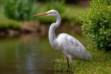 Fototapeta premium Elegant Great Egret by the Pond: Serene Wildlife Photography
