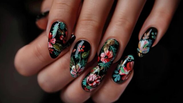 Close-up video   of hands with intricate floral nail art on a black background. Vibrant colors and detailed patterns stand out against the dark backdrop.
