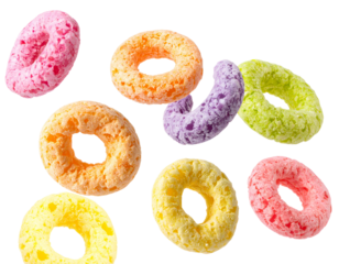 Colorful Fruit Cereal Loops Isolated on Transparent Background Sweet Breakfast Food