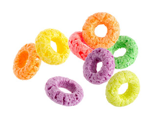 Colorful fruit cereal loops isolated on transparent background breakfast food concept