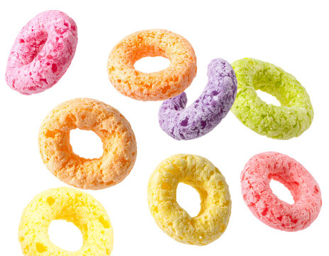 Colorful Fruit Cereal Loops Isolated on Transparent Background Sweet Breakfast Food