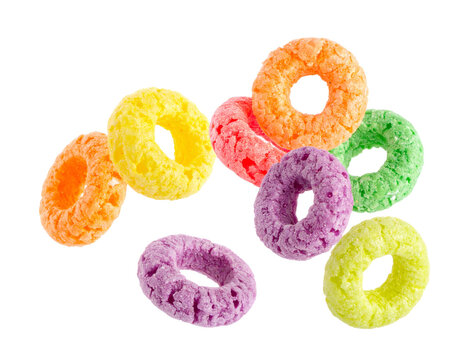 Colorful fruit cereal loops isolated on transparent background breakfast food concept