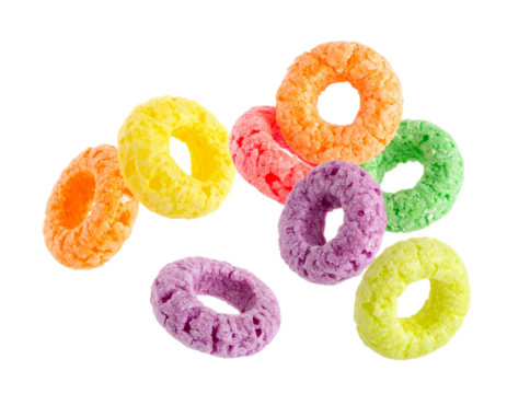 Colorful fruit cereal loops isolated on transparent background breakfast food concept