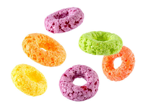 Colorful Cereal Loops Isolated on Transparent Background Fruit Flavored Breakfast Food