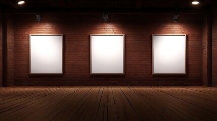 Empty display frames illuminated by spotlights in a brick-walled gallery.