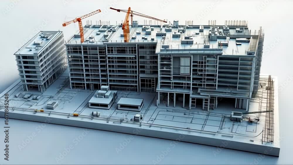 Poster digital construction building information modeling bim concept with 3d model and blueprints illustra