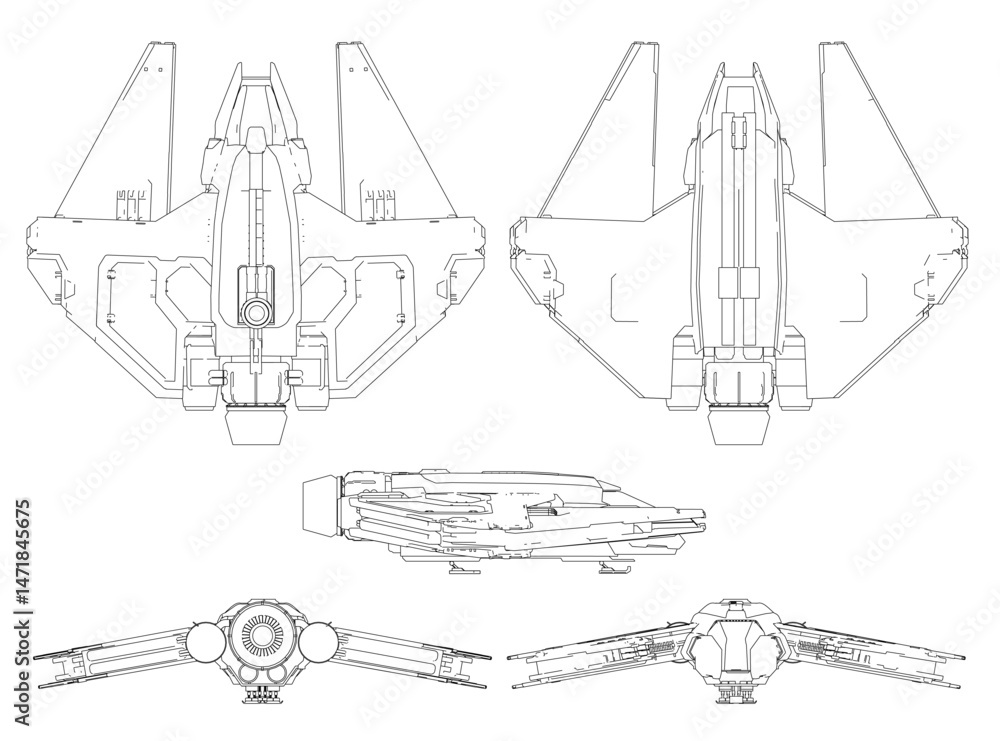 Poster a drawing of a spaceship with a black and white color scheme. the spaceship is shown from the side a