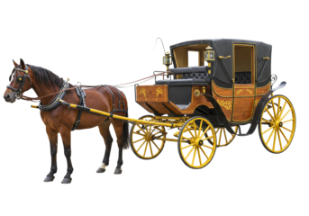 Horse-drawn carriage with brown horse on transparent background