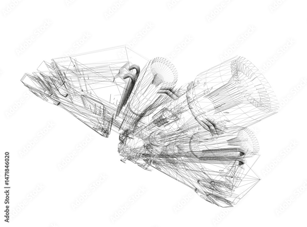 Poster a drawing of a spaceship with a lot of detail. the drawing is in black and white and is very detaile