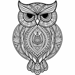 Intricate hand-drawn mandala illustration featuring a central owl in a vector-inspired style. The symmetrical design incorporates natural elements and geometric patterns