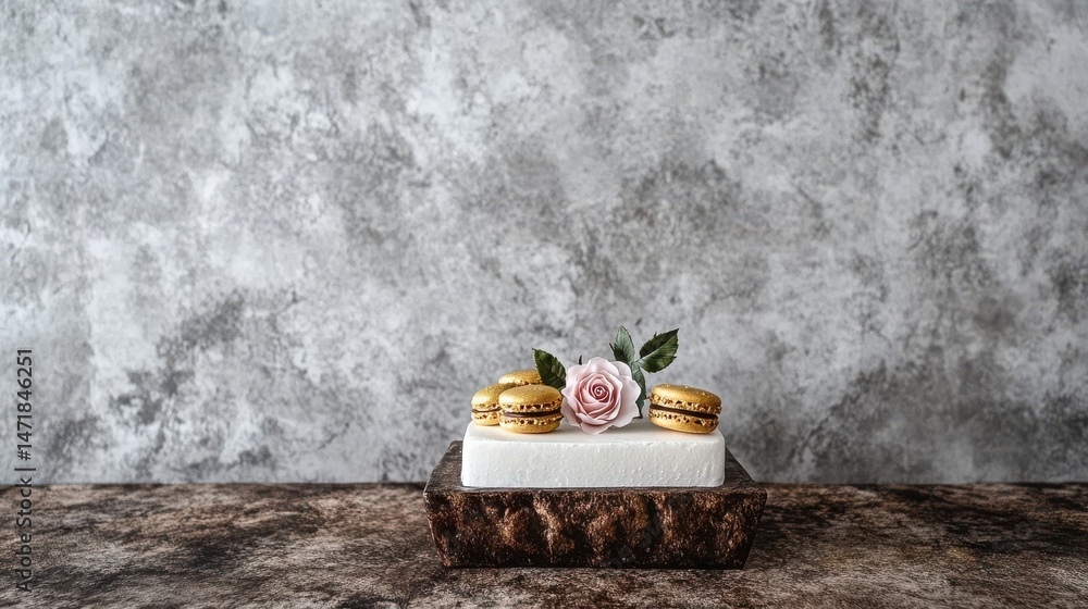 Aufkleber elegant dessert display featuring macaroons and a delicate rose on a textured stone background for c