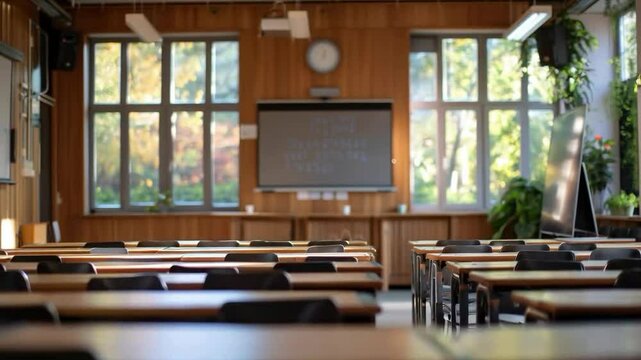 Empty classroom with light tables, chairs, chalkboard, clock, and windows. Serene atmosphere with green plant by the wall.

