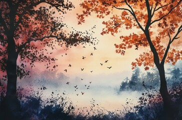 Misty autumn morning with tree silhouettes