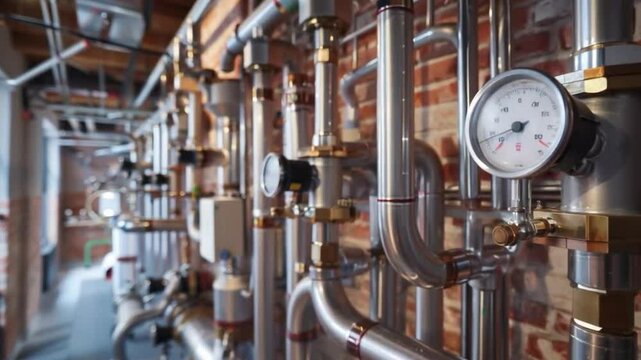Industrial boiler room with metallic pipes, control valves, and measuring instruments. Technical atmosphere enhanced by brick wall backdrop.
