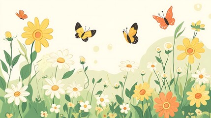 Obraz premium Spring Flowers with Butterflies Meadow.
