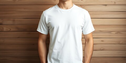 A man's torso showcasing a plain white cotton tee shirt against a wood panel background