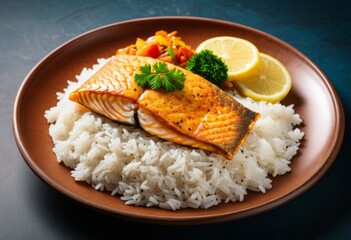 There is a plate of rice and salmon topped with a lemon wedge